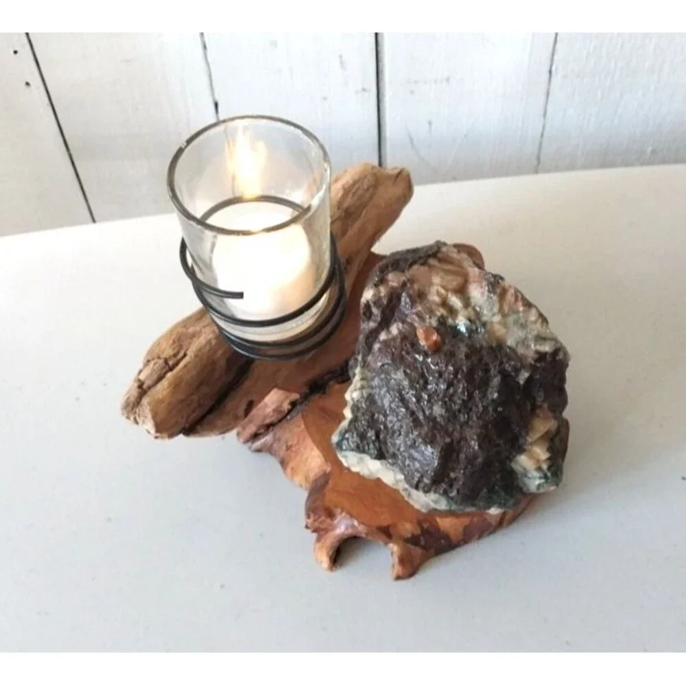 Rustic Driftwood Organic Rock Candle Holder Handmade